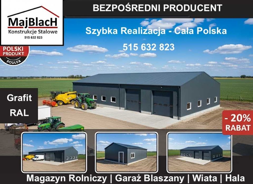 Duży Garaż Blaszany Dwuspadowy – Duża Hala - Magazyn Rolny - Maj-Blach