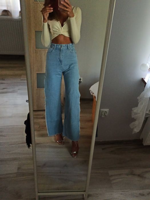 Spodnie jeansowe jeans dzwony rozcięcia wyższy stan XS surowe
