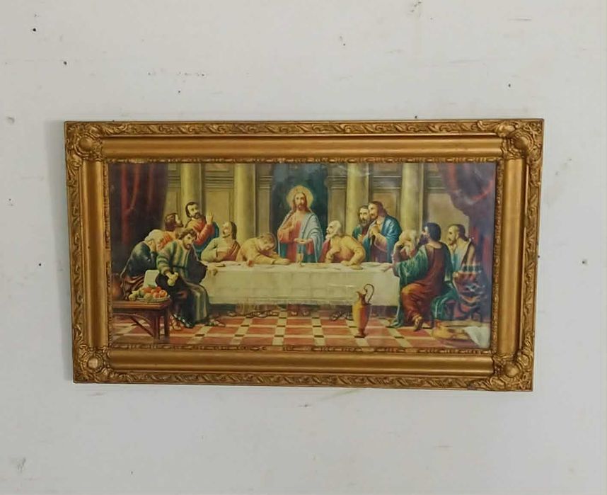 Gravura Antiga da Última Ceia de Cristo com moldura da Época em Talha Dourada