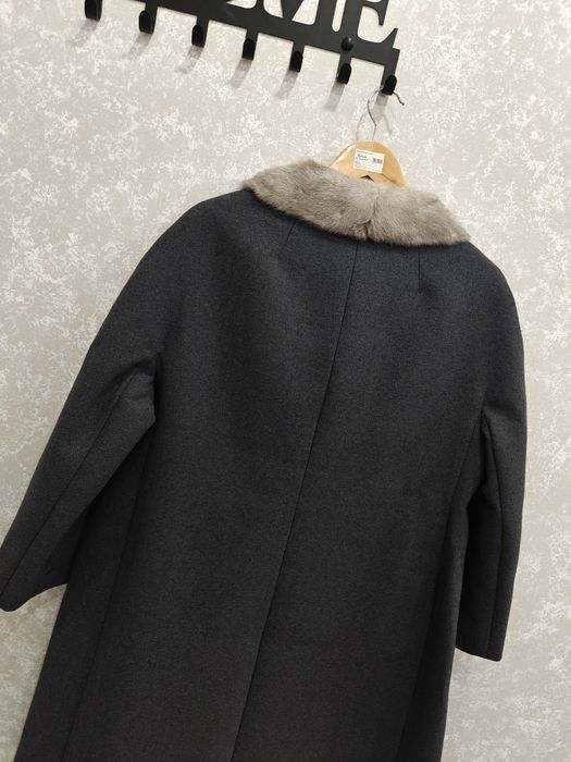 Płaszcz wełniany wełna szary real vintage 46 3XL z naturalnym futrem