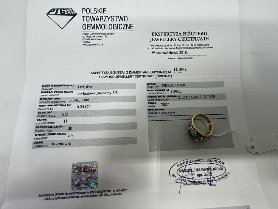 Antyk pierścionek z diamentami złoto próba 585 Certyfikat
