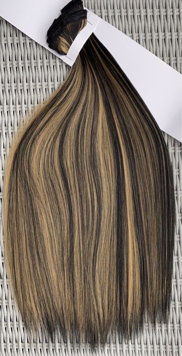 Premium Ultra włosy doczepiane, czarny / ciemny blond, pasemka 156.