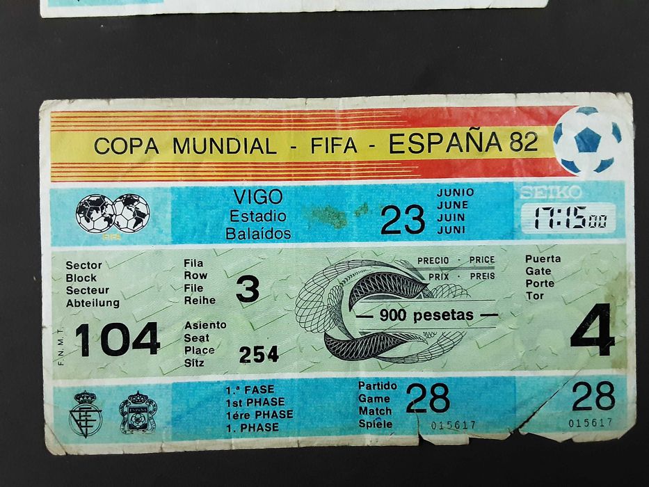 2 Bilhetes Mundial 82 - Espanha - Copa Mundial FIFA - Jogo 3 e 28