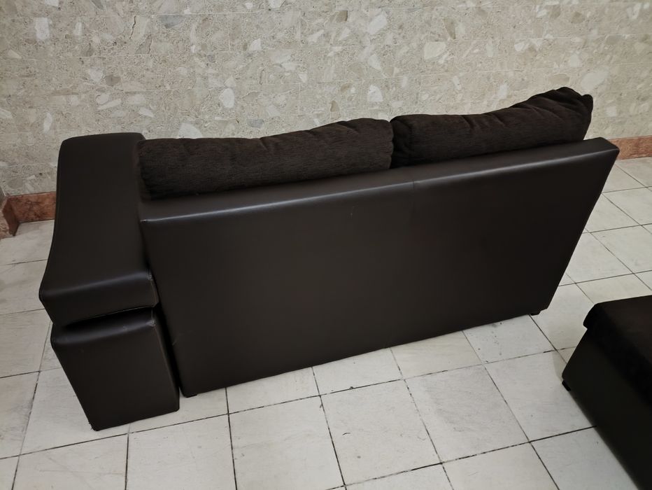 Sofá-Cama com Chaise Longue, Arrumação e Puff Extraível