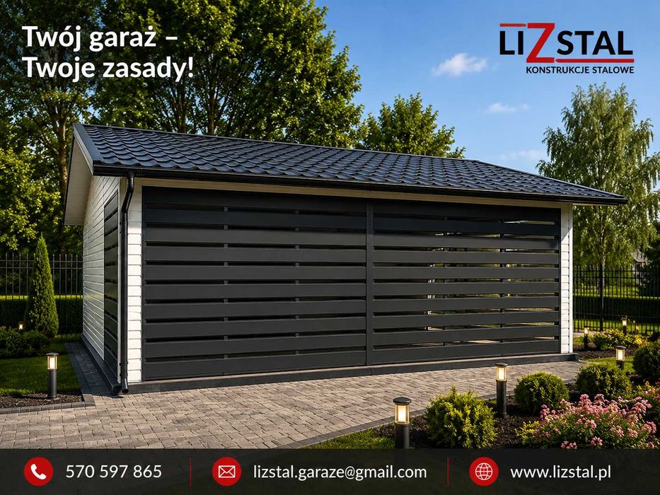 Garaż z wiatą 6x6, wypusty dachu, segmentowa