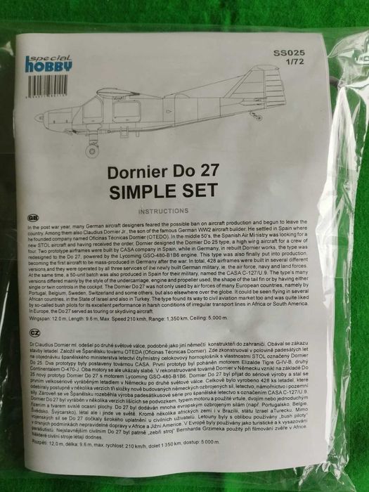 1/72 Special Hobby SS025 Dornier Do 27 SIMPLE SET FAP kit modelismo