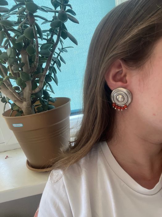 Дизайнерські срібні сережки корал в етно стилі вінтаж без повтору