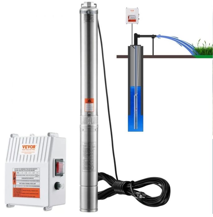 Bomba submersível para poços profundos VEVOR, 1500W 230V 60Hz, 9,8 m³/h, altura manométrica de 108 m, com cabo de 19,4 m e caixa de controle externa