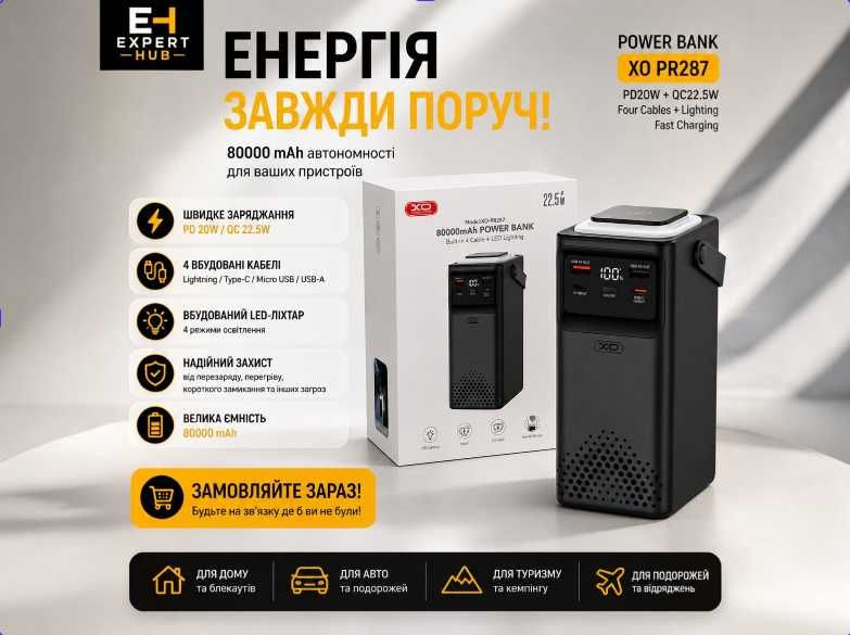 Зовнішній акумулятор XO PR287 80000mAh павербанк з ліхтариком 22.5W