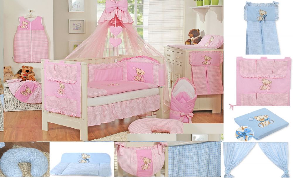 Conjunto de berço : suporte, veu, capa edredon, fronha, protetor