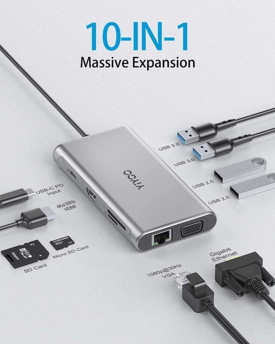 YIYOO Stacja dokująca USB C 10w1 podwójny hub wyświetlacza 4K HDMI+VGA