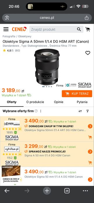 Canon EOS 80D DSLR + Obiektywy SIGMA 50mm f/1.4 i 30mm 1.4 +2obiektywy