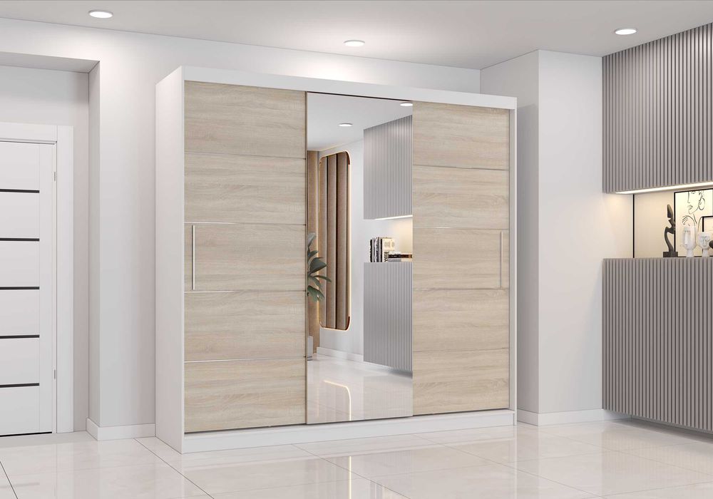 Duża szafa ASTRA 230cm przesuwna z lustrem 3 drzwiowa biała grafit