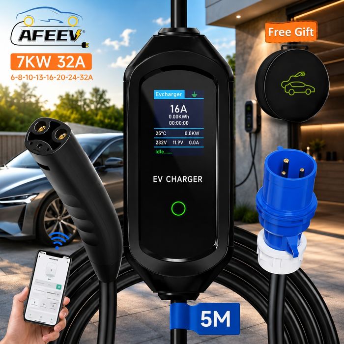Зарядка Tesla NACS 7 кВт 32A Wi-Fi 5м LCD Ev charger дисплей регулювання струму 6-32A CEE Blue 230V EV Charger AFYEEV