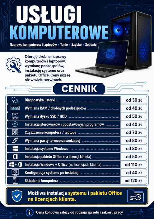 Usługi komputerowe, naprawy, wymiany, kopia danych