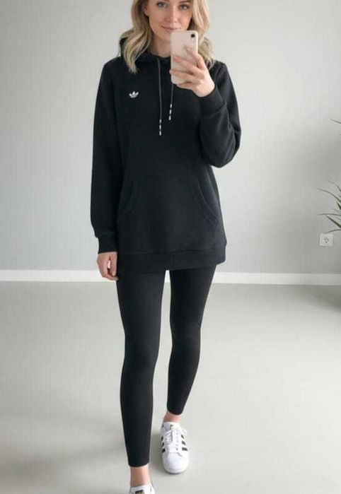 D Dresowa bluza damska Adidas kaptur logo czarna kieszenie długa S 36