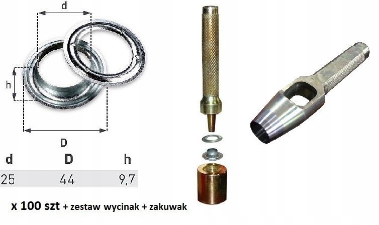 Oczka nierdzewne 100 szt fi25 zakuwak + wycinak