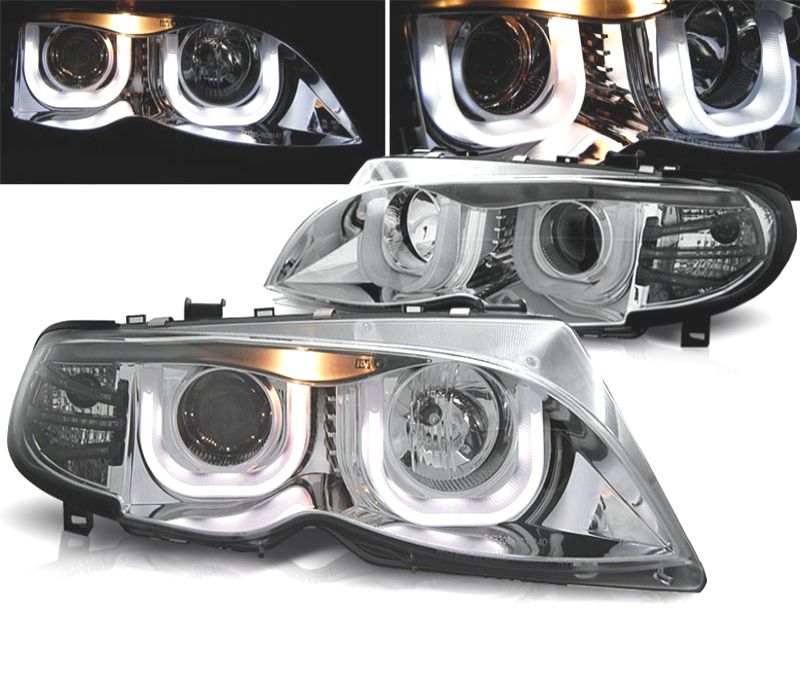 FARÓIS COM LUZ DIURNA LED BMW E46 01-05 FUNDO CROMADO