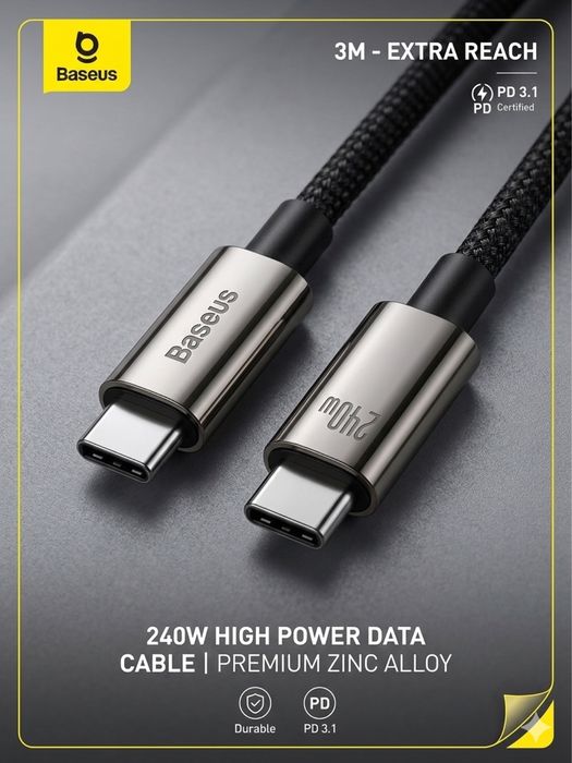Кабель Baseus Tungsten Gold Fast Charging Data Cable Type-C 1-2-3m