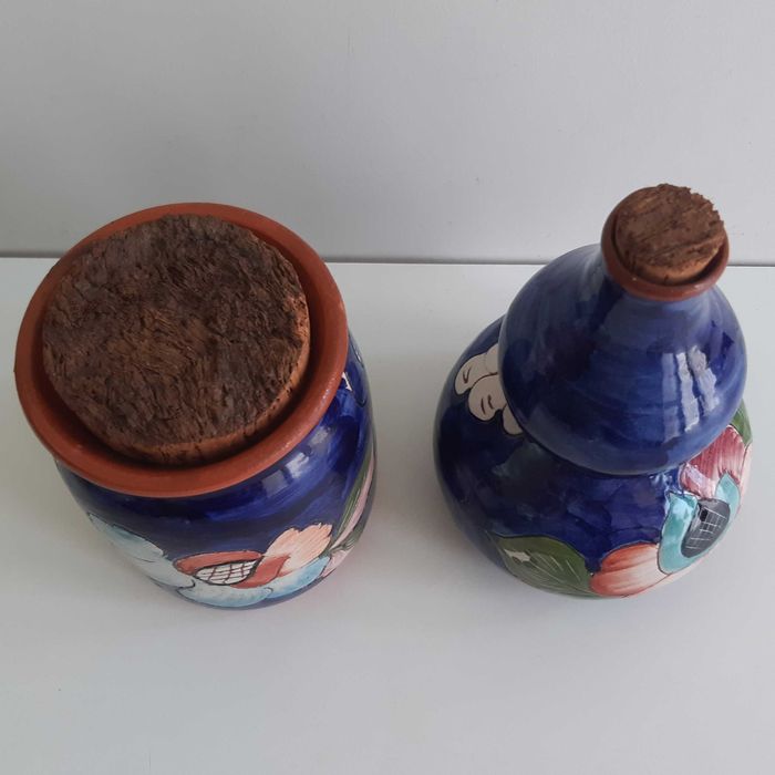 2 Peças Barro Artesanal Pintado á Mão Portugal Pote e Cabaça