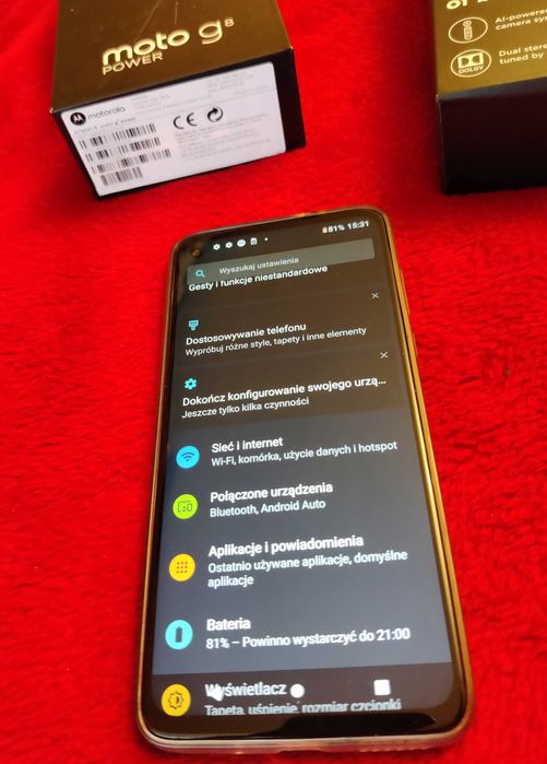 Motorola G8 Power niebieski lazurowy + etui pudełko ładowarka
