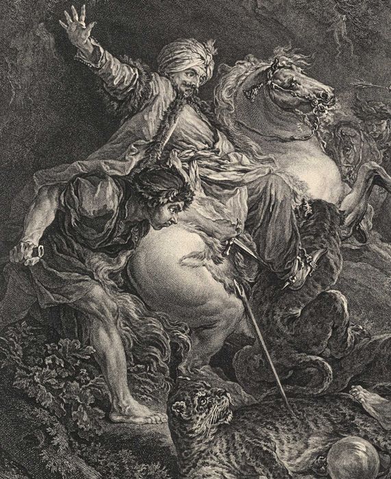 XVIII wieczny miedzioryt z scenką batalistyczną, wymiar 76cm x 93cm