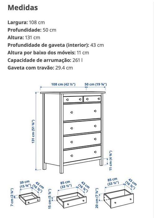 HEMNES Cómoda c/6 gavetas, velatura branca, 108x131 cm - Na garantia
