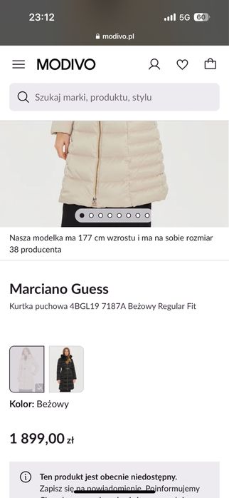 Puchowy plaszcz zimowy Guess Marciano kaczy puch 44IT 34 36 38 PL