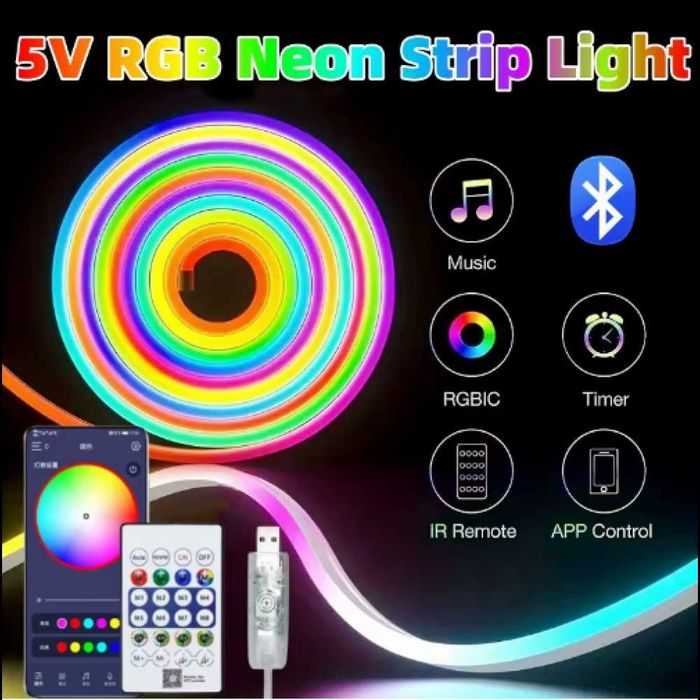 Гибкая неоновая лента RGB (5м) с Bluetooth и пультом от USB