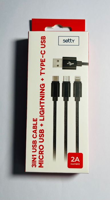 Kabel USB Setty 3w1 2A 1m nylon czarny | Uy4