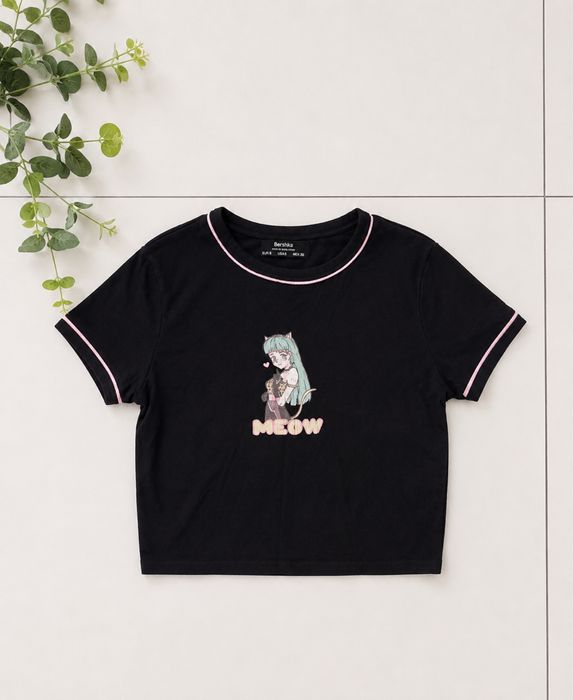 Crop Top Czrny MEOW Bershka S