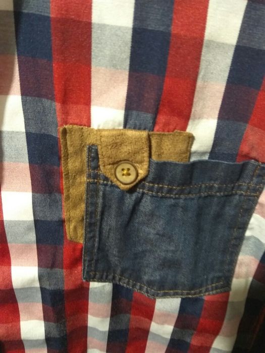 Koszula chłopięca/męska, M/40, jeans, krata, skóra