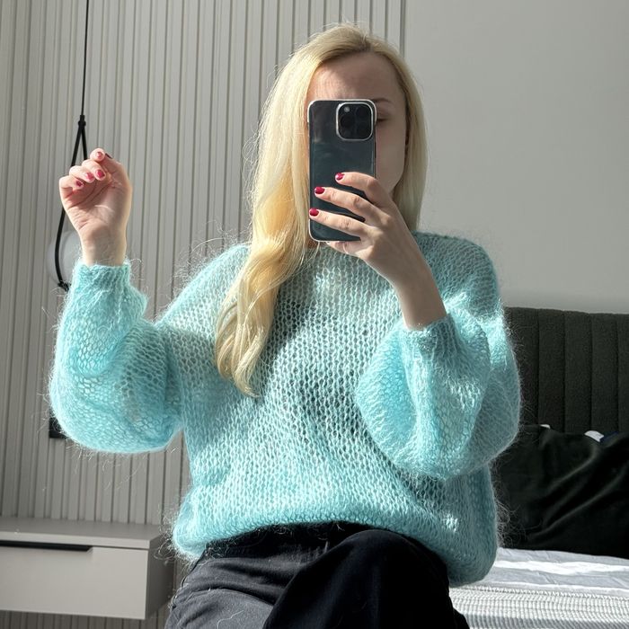 Светр павутинка хмаринка жіночий мохеровий бірюзовий оверсайз вовна