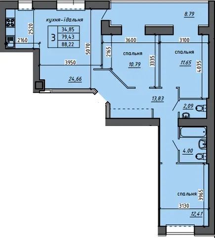 Продаж 3-к квартири(88.22кв.м) в новобудові