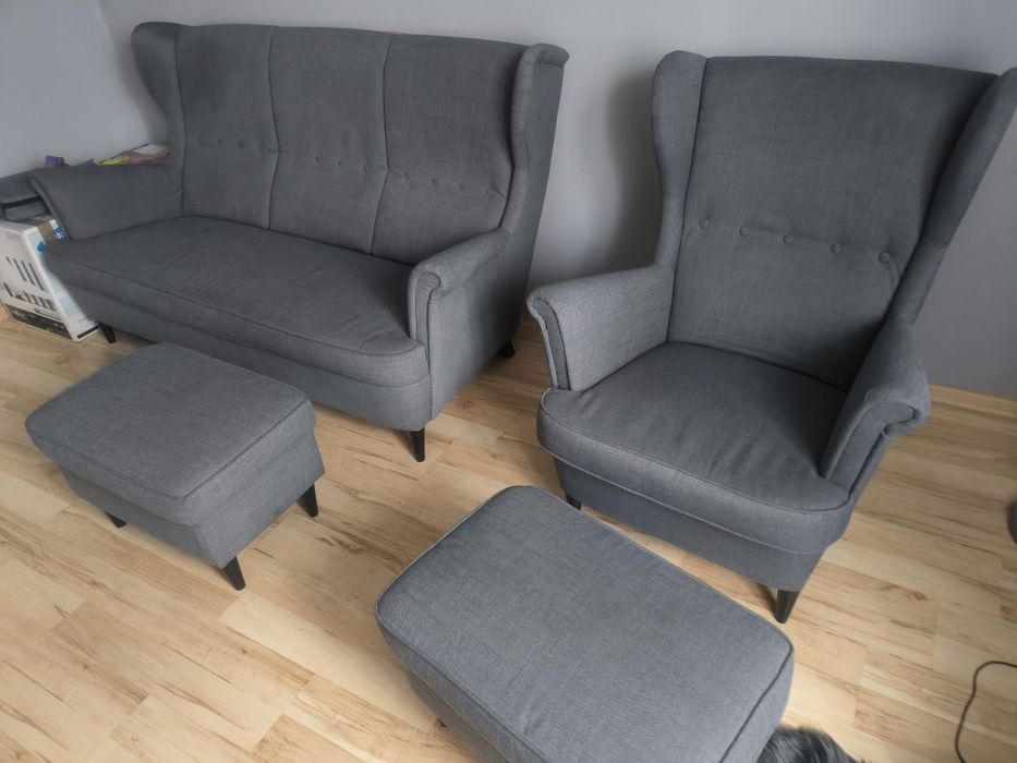 Zestaw Ikea Strandmon szary sofa kanapa fotel uszak podnóżki