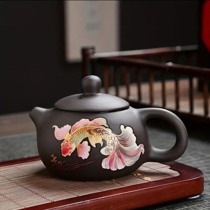 Глиняний чайник з птахом і квітами, або рибкою. Змінює колір, 200 мл.