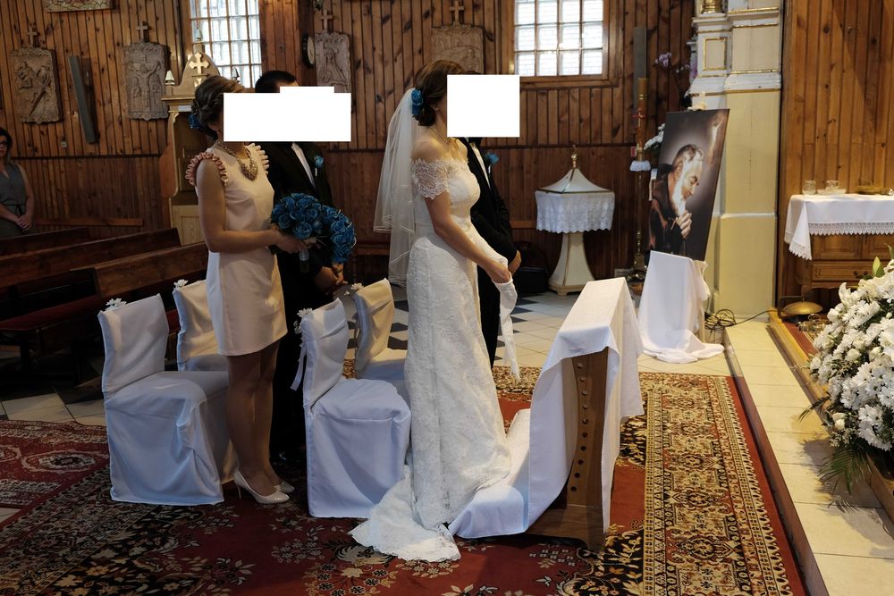 suknia ślubna, r.38, ecru, syrena koronka