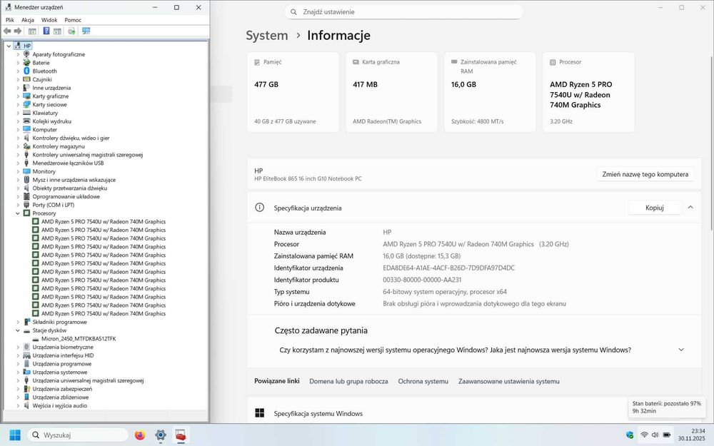 EliteBook 865 G10, R7540, 16GB RAM, 512GB SSD, matryca 16", alu. obud.