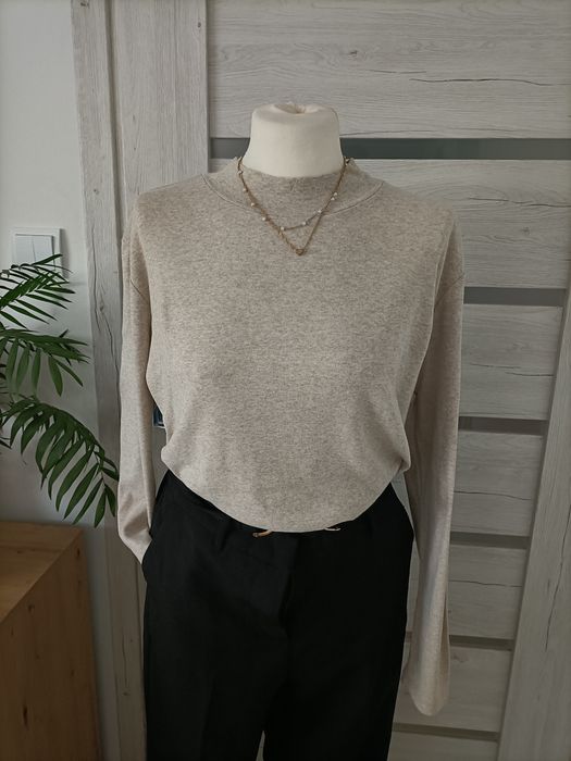 Beżowy Sweter sweterek ze stójką pół golf bawełniany ciepły miękki ele