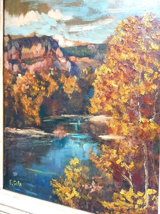 Antiga pintura fluvial em outono - assinada E. Grin