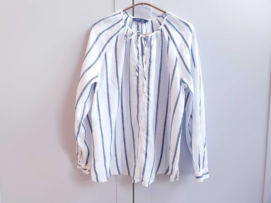 Biała koszula w pasy lniana M&S oversize boho 36 38