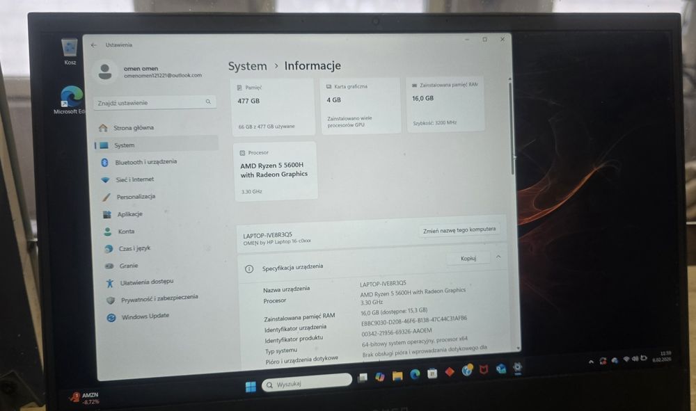 LAPTOP OMEN 16-C0220NW Ryzen 5  16GB/512GB