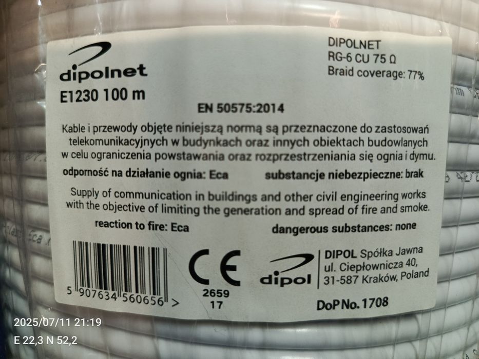 Kabel koncentryk antenowy Dipol 100m rdzeń MIEDŹ