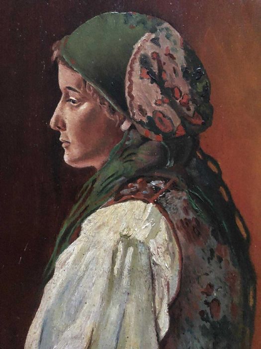 Stary wiekowy obraz. Portret Hucułki. Olej na desce. Oryginalna rama.