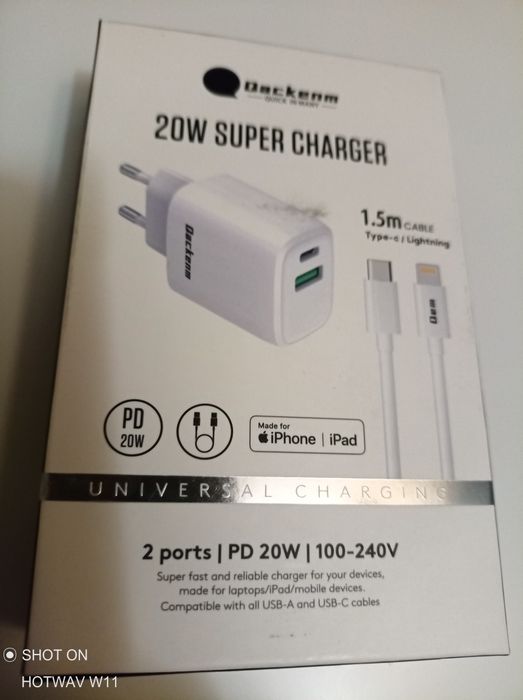 Szybka ładowarka 2 porty USB-C USB-A do iPhone iPad Qackenm 20W + Kabel 1.5m NOWA
