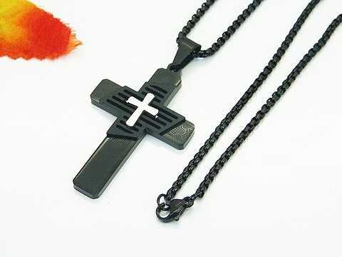Męski naszyjnik czarny stal szlachetna 316L krzyżyk modny paski LM100