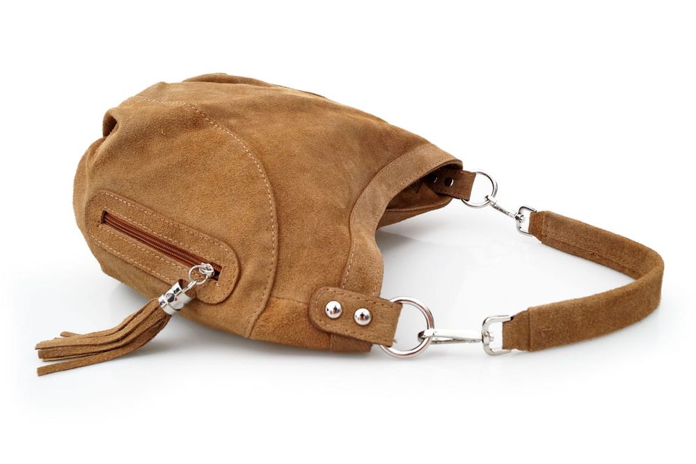 VERA PELLE torebka damska zamszowa worek z frędzelkami V322 camel