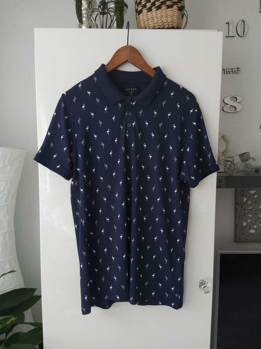GUESS Los Angeles granatowa koszulka polo w białe flamingi roz. L