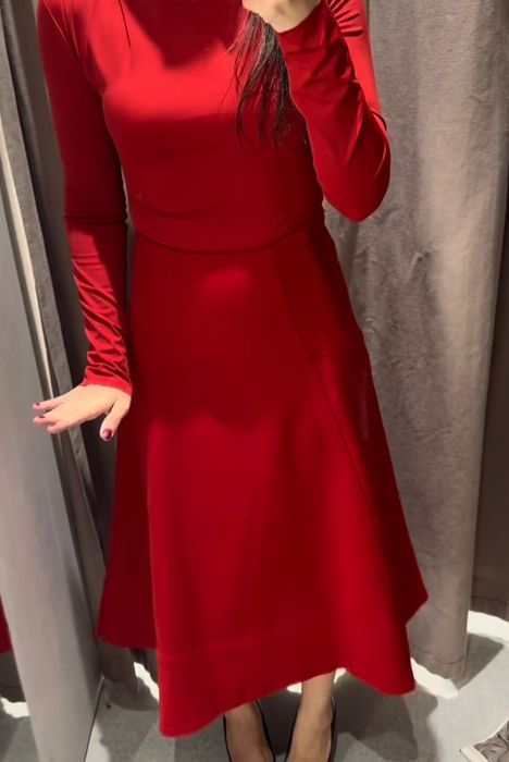 Міді спідниця годе ZARA червона красная юбка миди плотная яркая весна