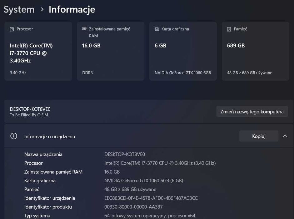Komputer gamingowy core i7 16GB ram GTX 1060 6GB SSD 240GB + 500GB HDD Windows 11 Pro